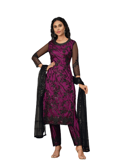 Purple Color Women Soft Net Embroidery Work Straight Salwar Suit - Joshindia