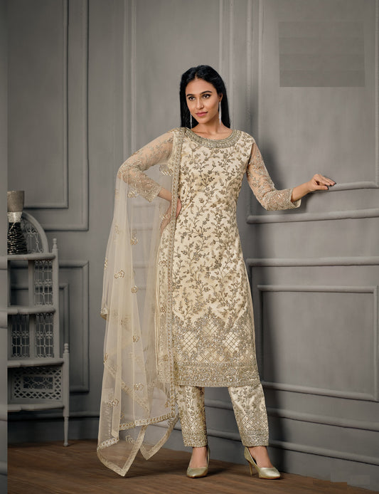 White Color Women Soft Net Embroidery Work Straight Salwar Suit