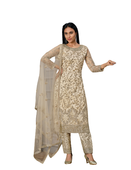 White Color Women Soft Net Embroidery Work Straight Salwar Suit - Joshindia