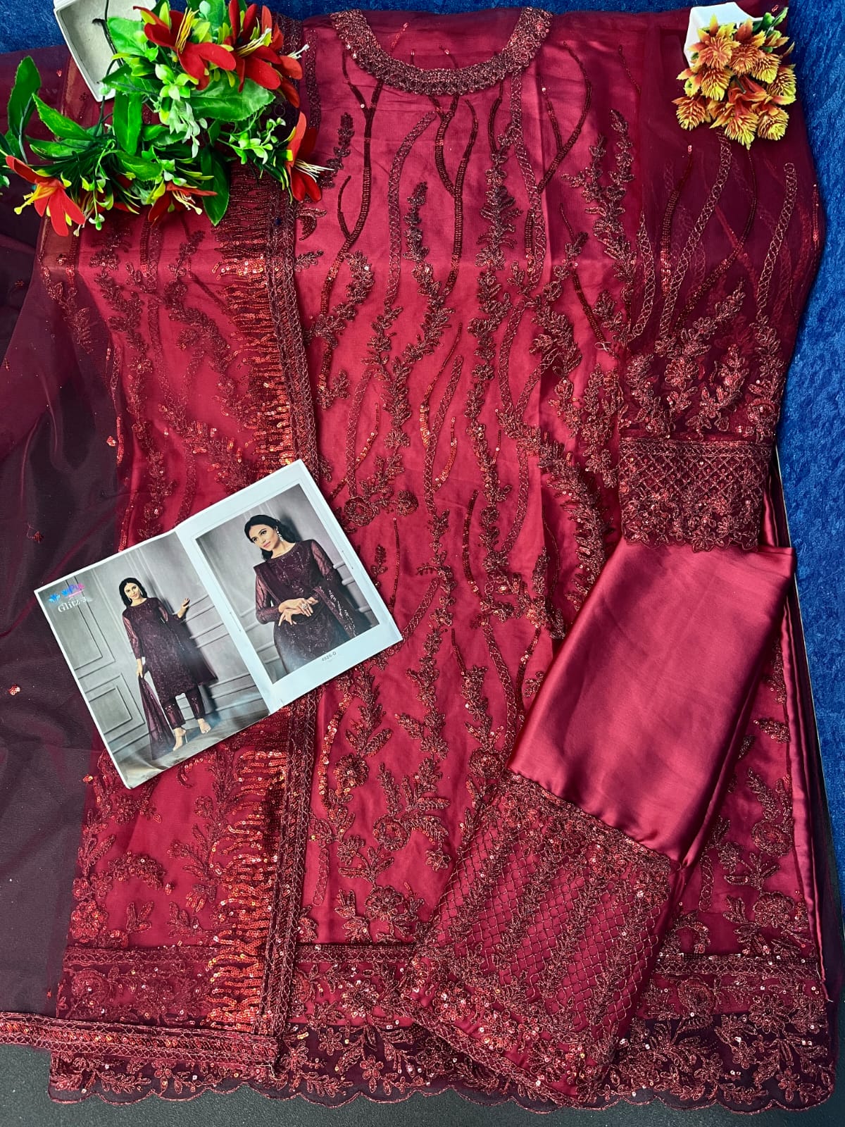 Red Color Women Soft Net Embroidery Work Straight Salwar Suit For Woman - Joshindia