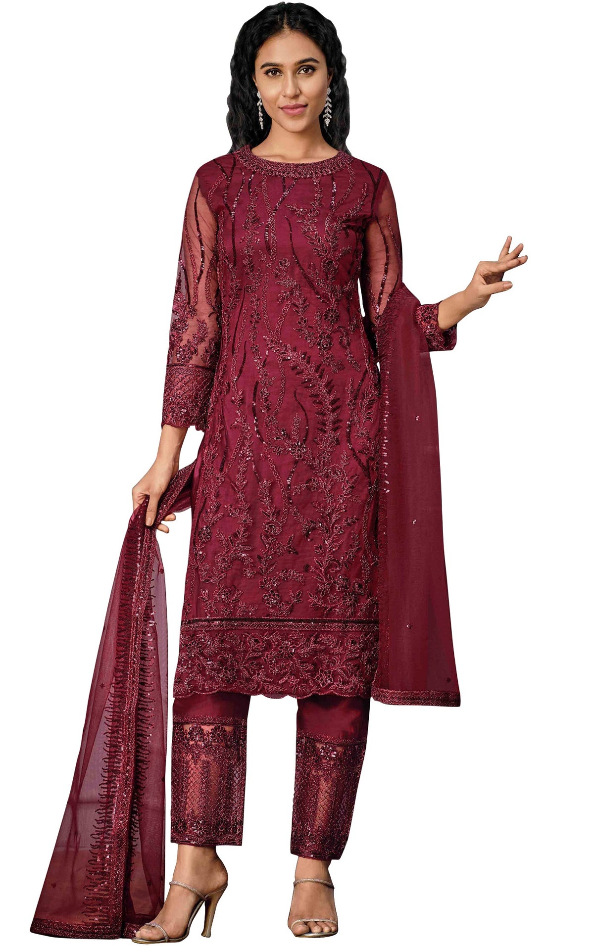 Red Color Women Soft Net Embroidery Work Straight Salwar Suit For Woman - Joshindia