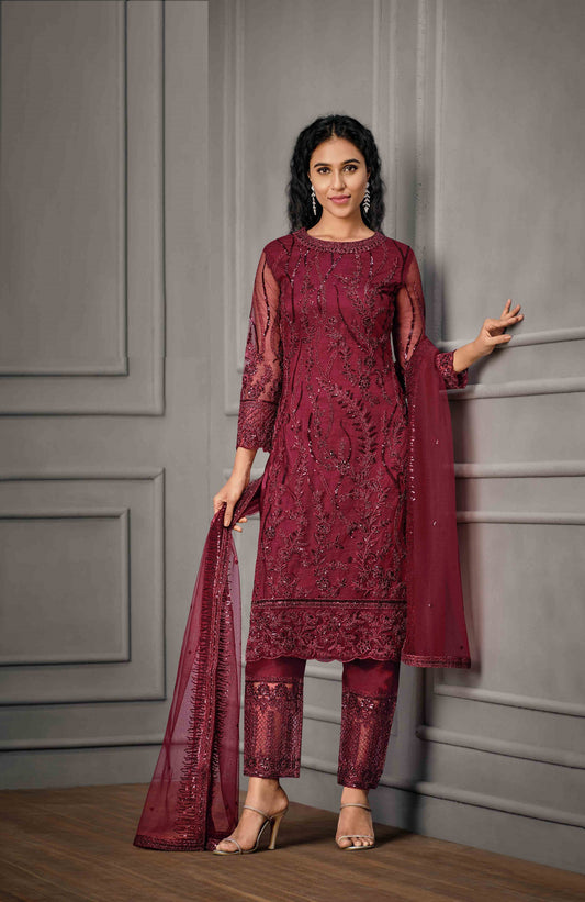 Red Color Women Soft Net Embroidery Work Straight Salwar Suit For Woman