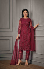 Red Color Women Soft Net Embroidery Work Straight Salwar Suit For Woman - Joshindia