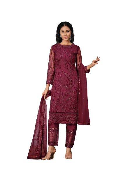 Beet Color Women Soft Net Embroidery Work Straight Salwar Suit