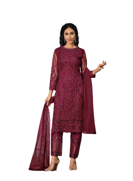 Beet Color Women Soft Net Embroidery Work Straight Salwar Suit - Joshindia