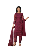 Beet Color Women Soft Net Embroidery Work Straight Salwar Suit - Joshindia