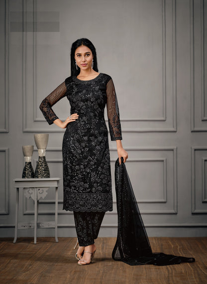 Black Color Women Soft Net Embroidery Work Straight Salwar Suit