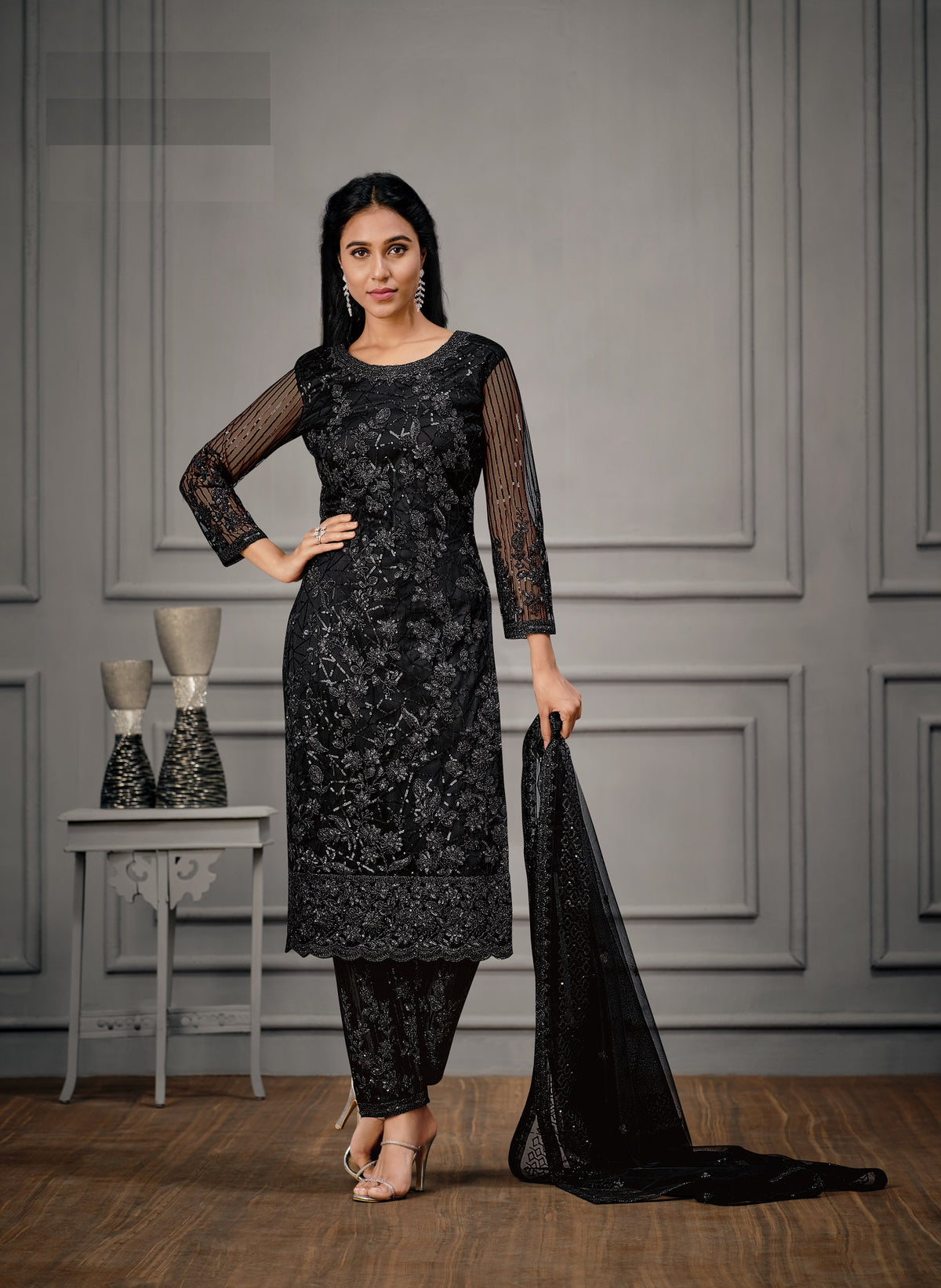 Black Color Women Soft Net Embroidery Work Straight Salwar Suit - Joshindia