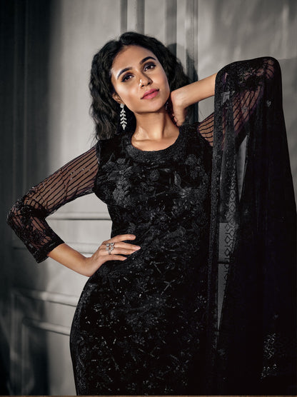 Black Color Women Soft Net Embroidery Work Straight Salwar Suit
