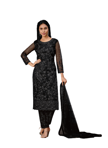Black Color Women Soft Net Embroidery Work Straight Salwar Suit - Joshindia