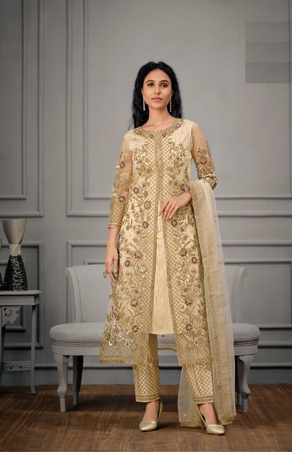 Off White Color Women Soft Net Embroidery Work Straight Salwar Suit