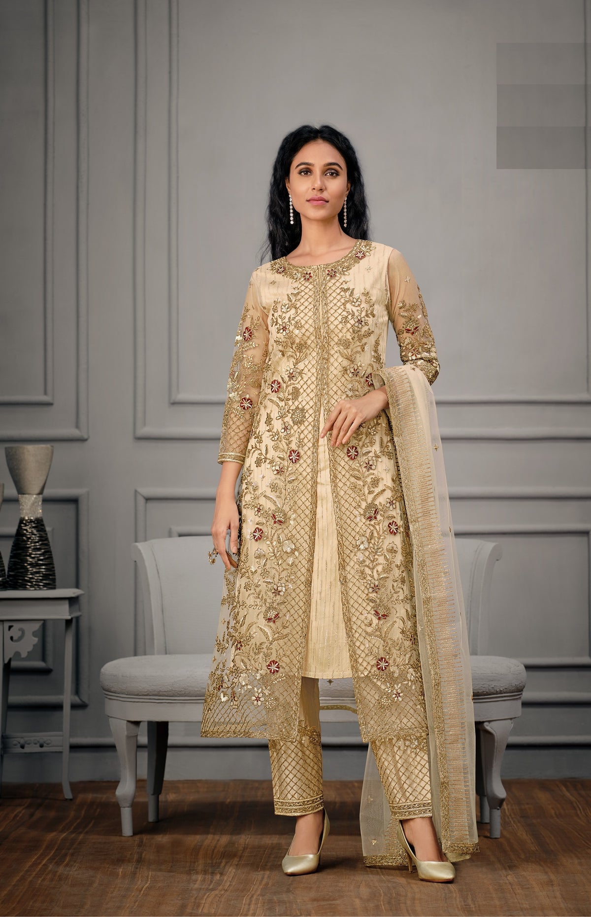 Off White Color Women Soft Net Embroidery Work Straight Salwar Suit - Joshindia