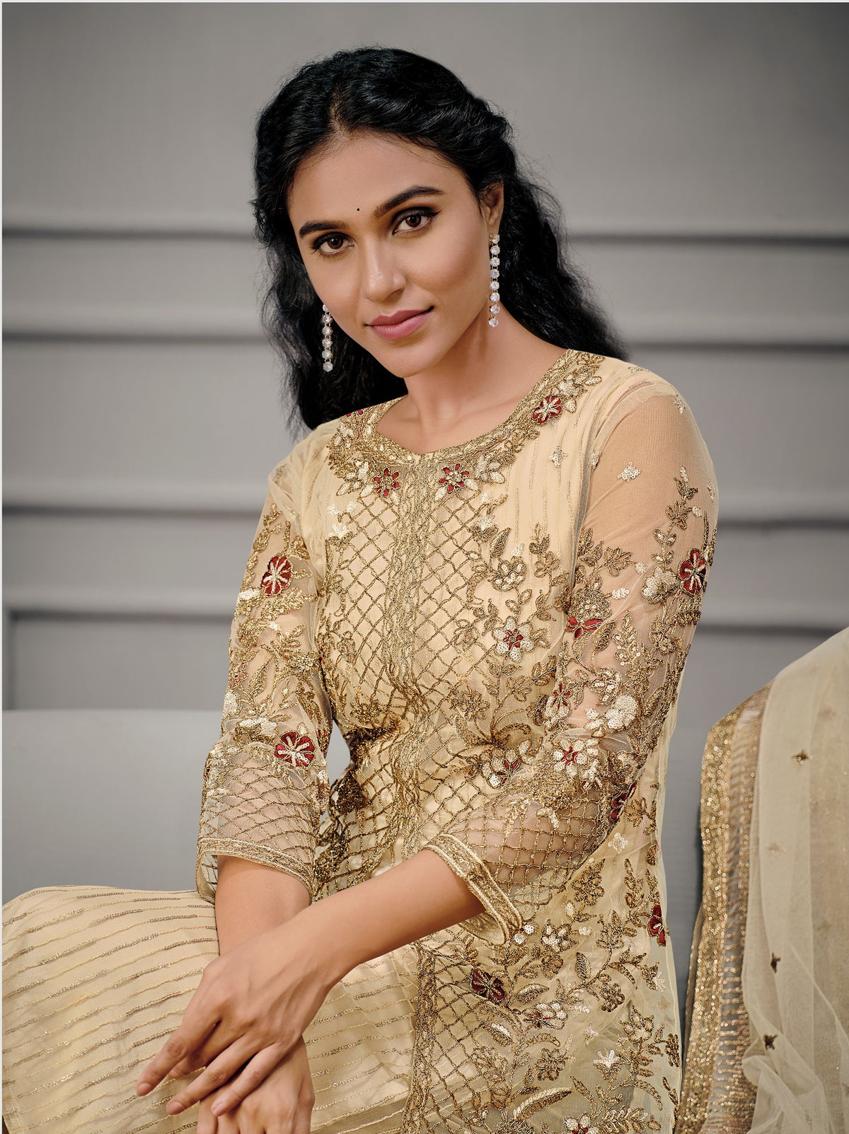 Off White Color Women Soft Net Embroidery Work Straight Salwar Suit - Joshindia