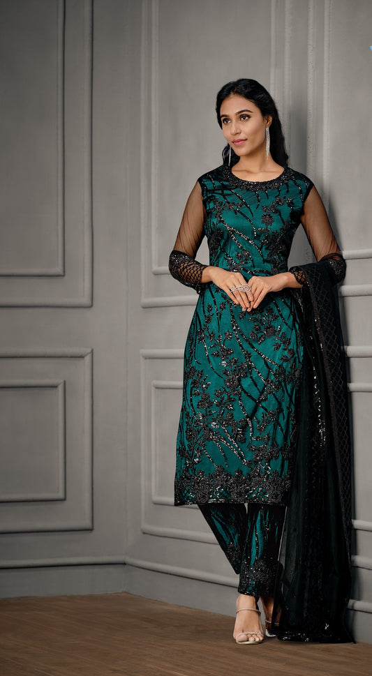 Sea Green Color Women Soft Net Embroidery Work Straight Salwar Suit