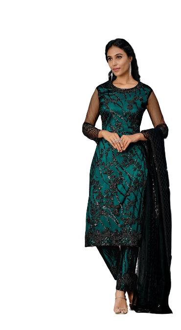 Sea Green Color Women Soft Net Embroidery Work Straight Salwar Suit - Joshindia