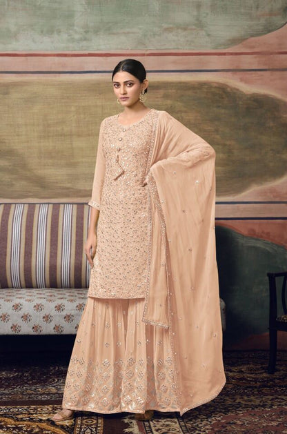 Peach Georgette Semi-Stitched Sharara Salwar Suit