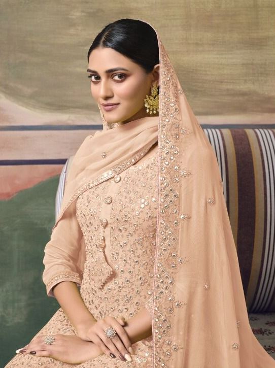 Peach Georgette Semi-Stitched Sharara Salwar Suit