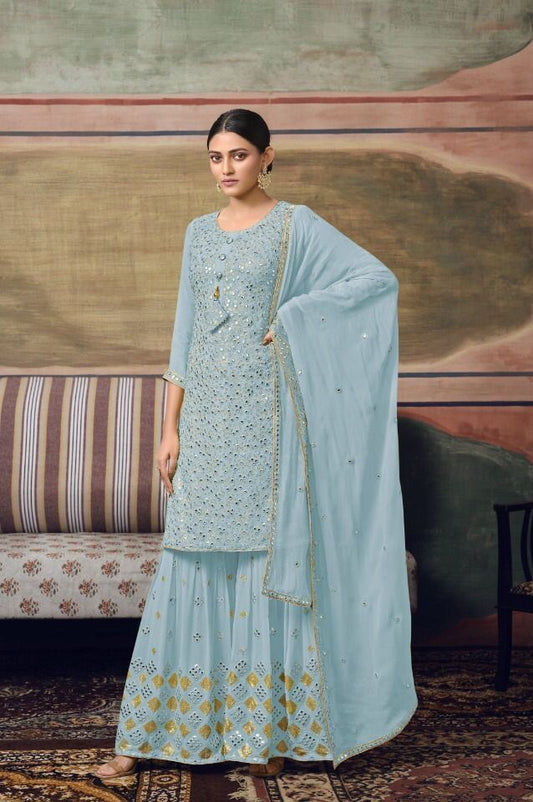 Sky Blue Georgette Semi-Stitched Sharara Salwar Suit
