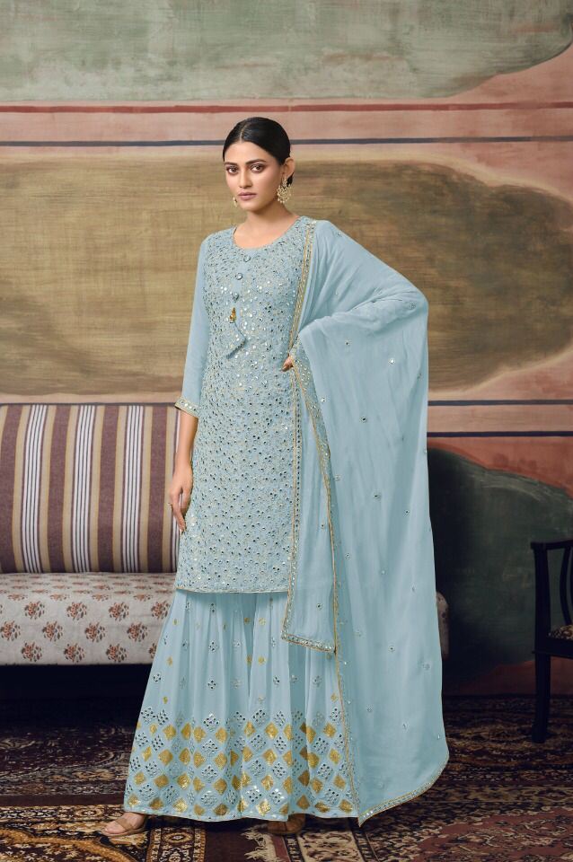 Sky Blue Georgette Semi-Stitched Sharara Salwar Suit - Joshindia