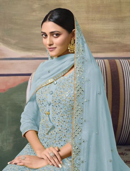 Sky Blue Georgette Semi-Stitched Sharara Salwar Suit - Joshindia