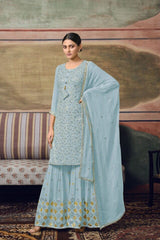 Sky Blue Georgette Semi-Stitched Sharara Salwar Suit - Joshindia