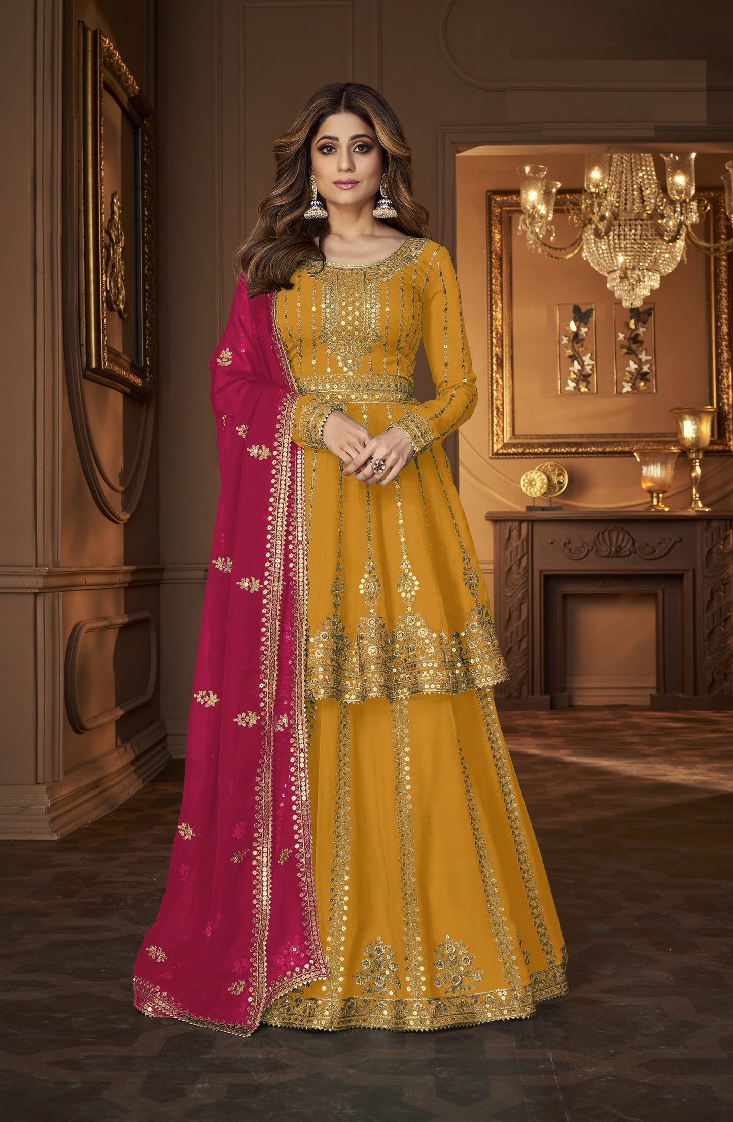 Yellow Green Georgette Embroided Semi Stitched Ghaghra Suit