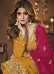 Yellow Green Georgette Embroided Semi Stitched Ghaghra Suit - Joshindia