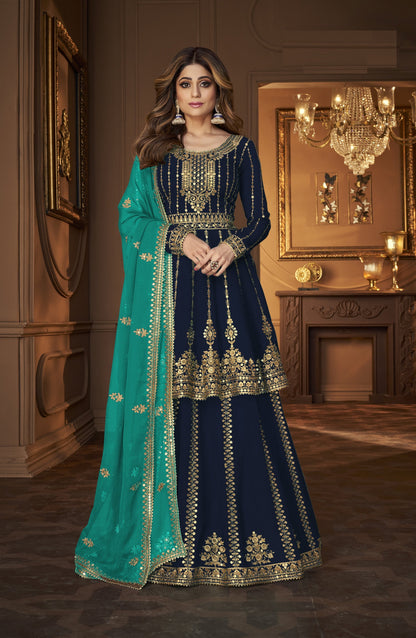 Nevy Blue Georgette Embroided Semi Stitched Ghaghra Suit