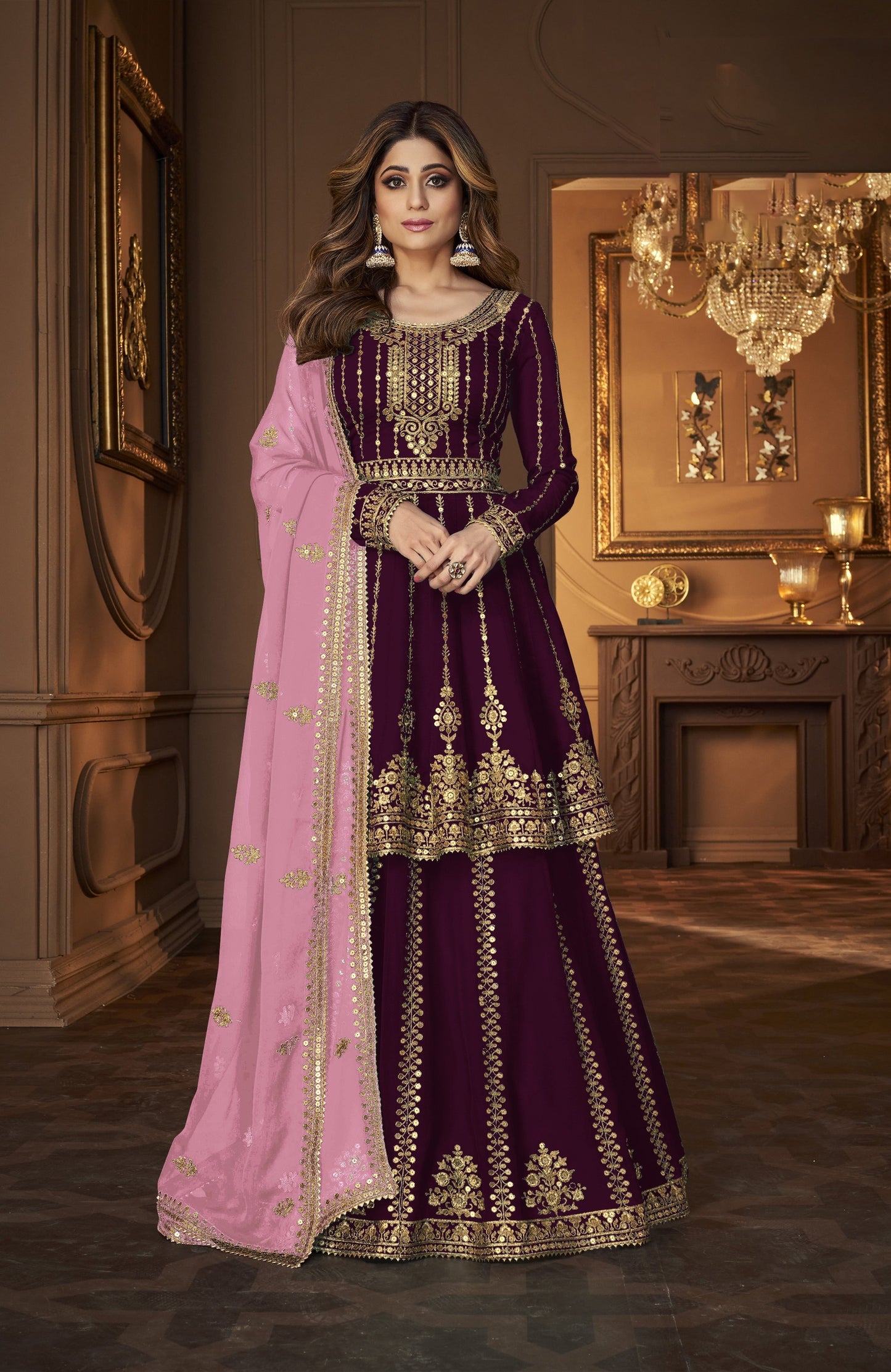 Purple Georgette Embroided Semi Stitched Ghaghra Suit
