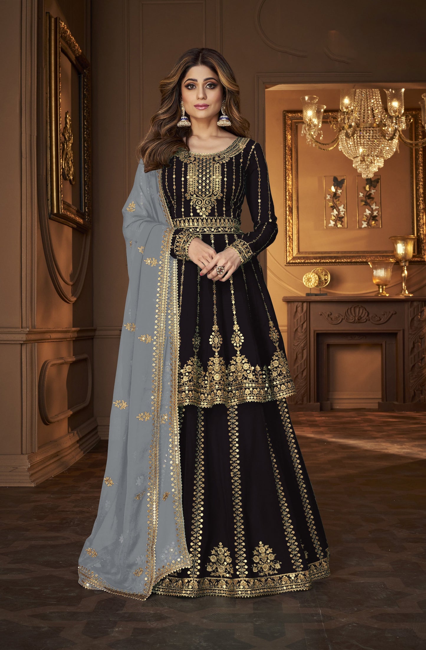 Black Georgette Embroided Semi Stitched Ghaghra Suit