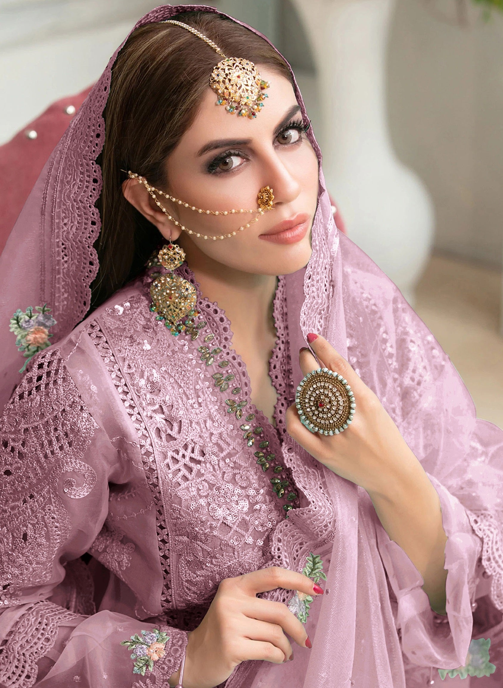 Pink Heavy Butteryfly Net With Moti Work Straight Salwar Suit Joshindia