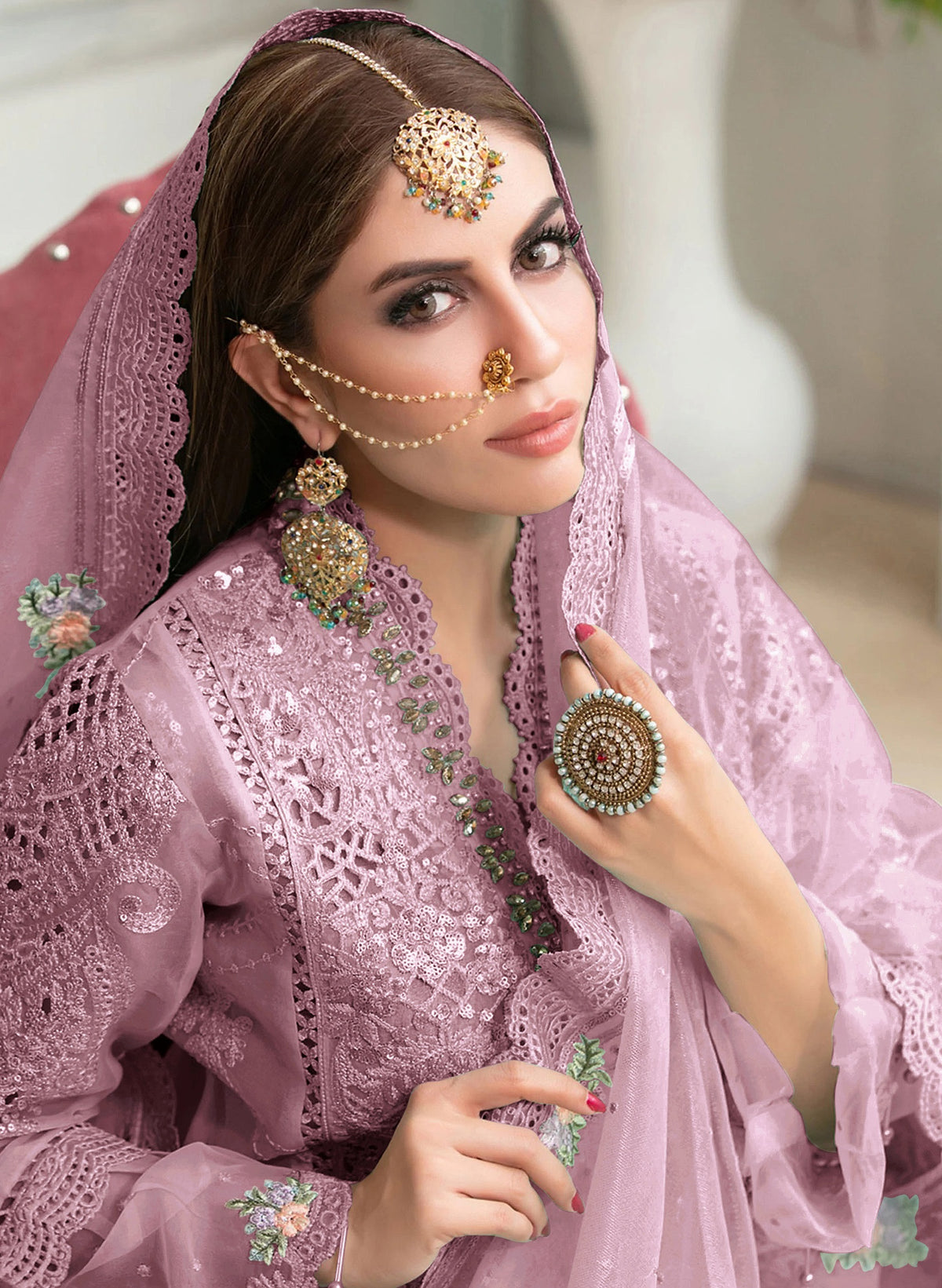 Pink Heavy Butteryfly Net With Moti Work Straight Salwar Suit - Joshindia