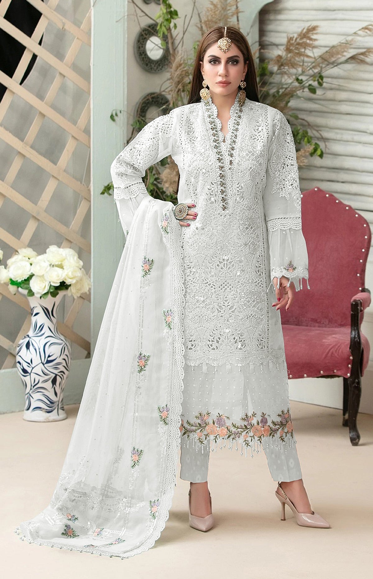 White Heavy Butteryfly Net With Moti Work Straight Salwar Suit - Joshindia