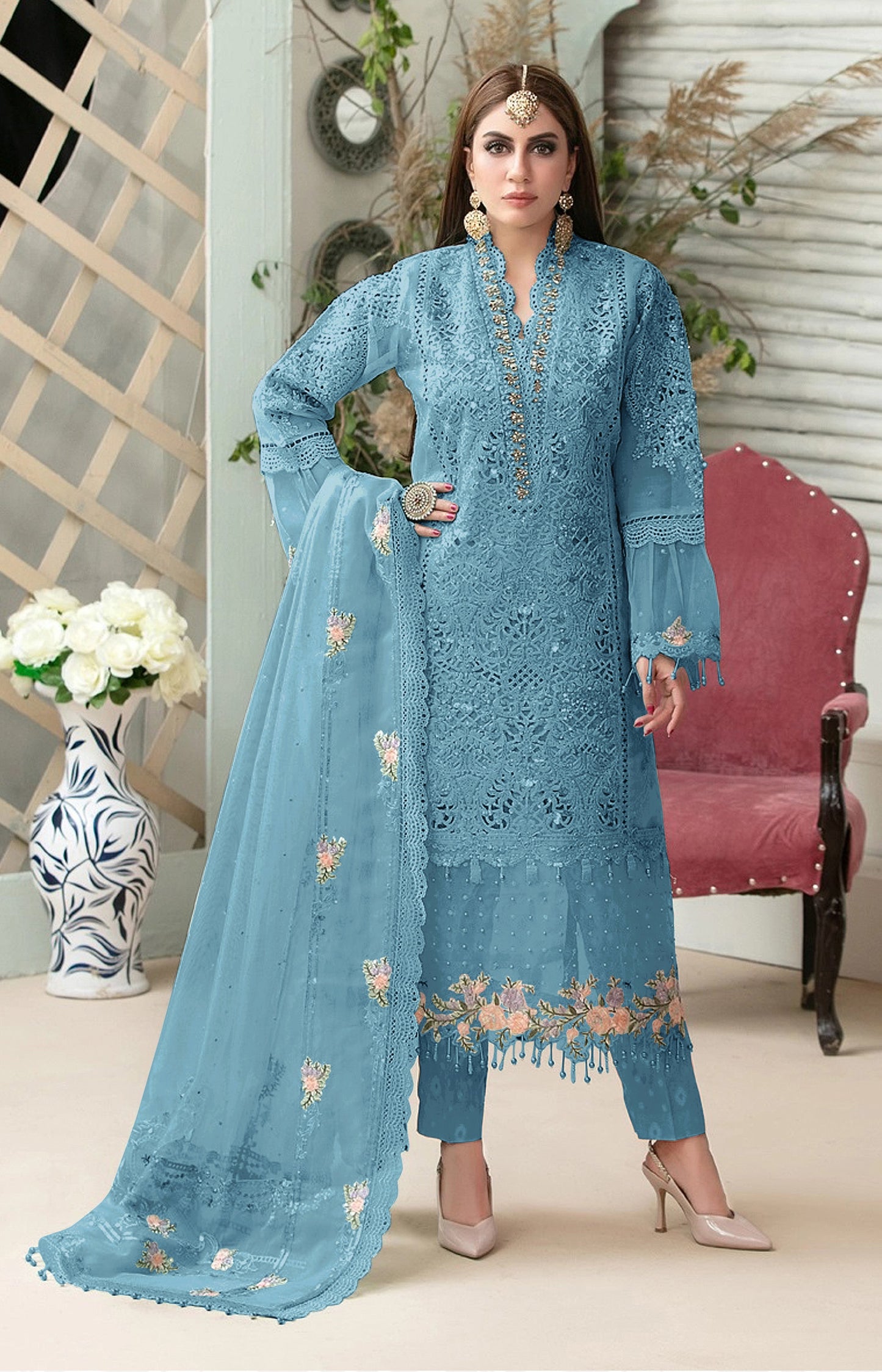 Blue Heavy Butteryfly Net With Moti Work Straight Salwar Suit