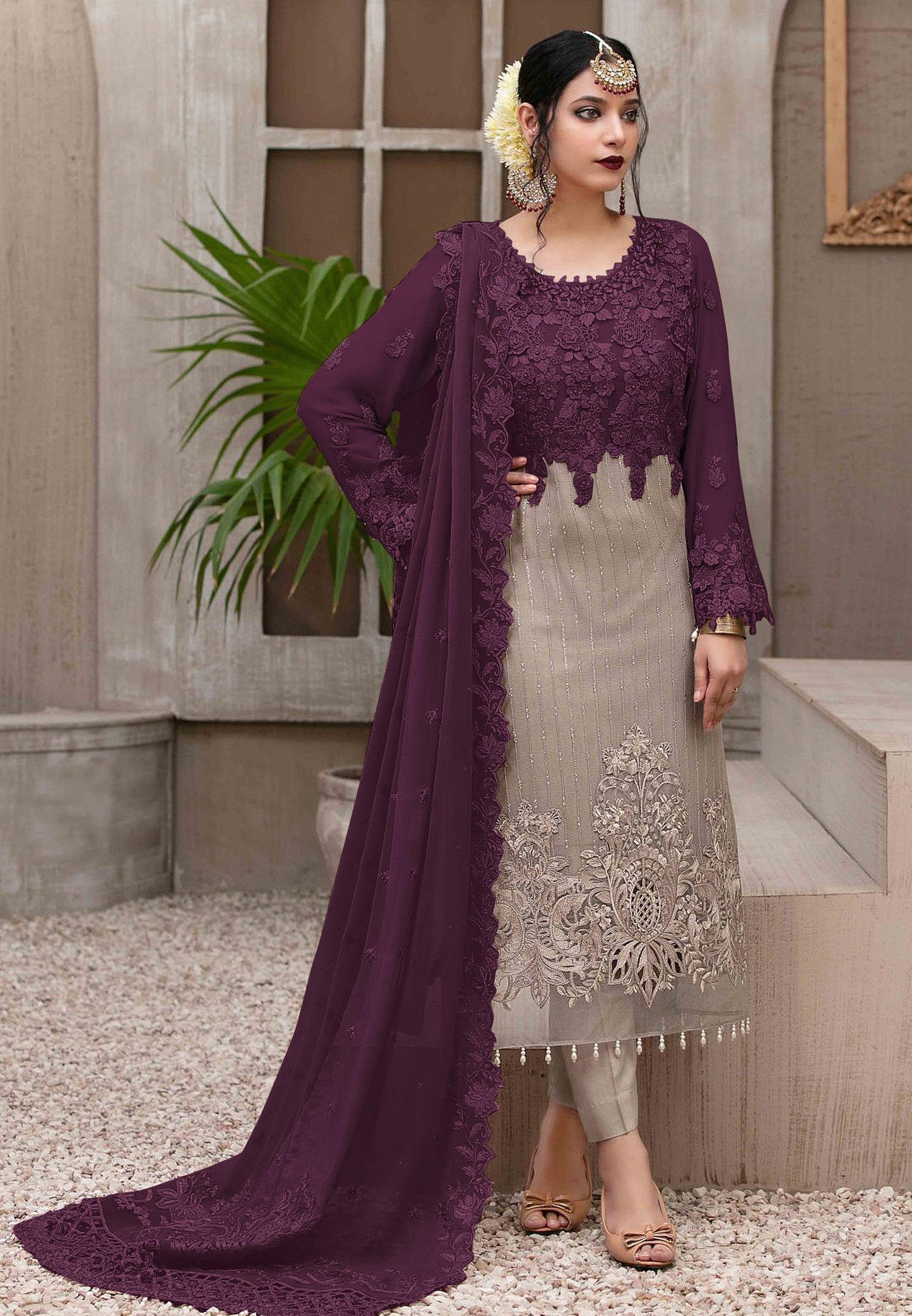 Purple Heavy Fox Georgette with Heavy Embroidery Sequence Work Straight Suit