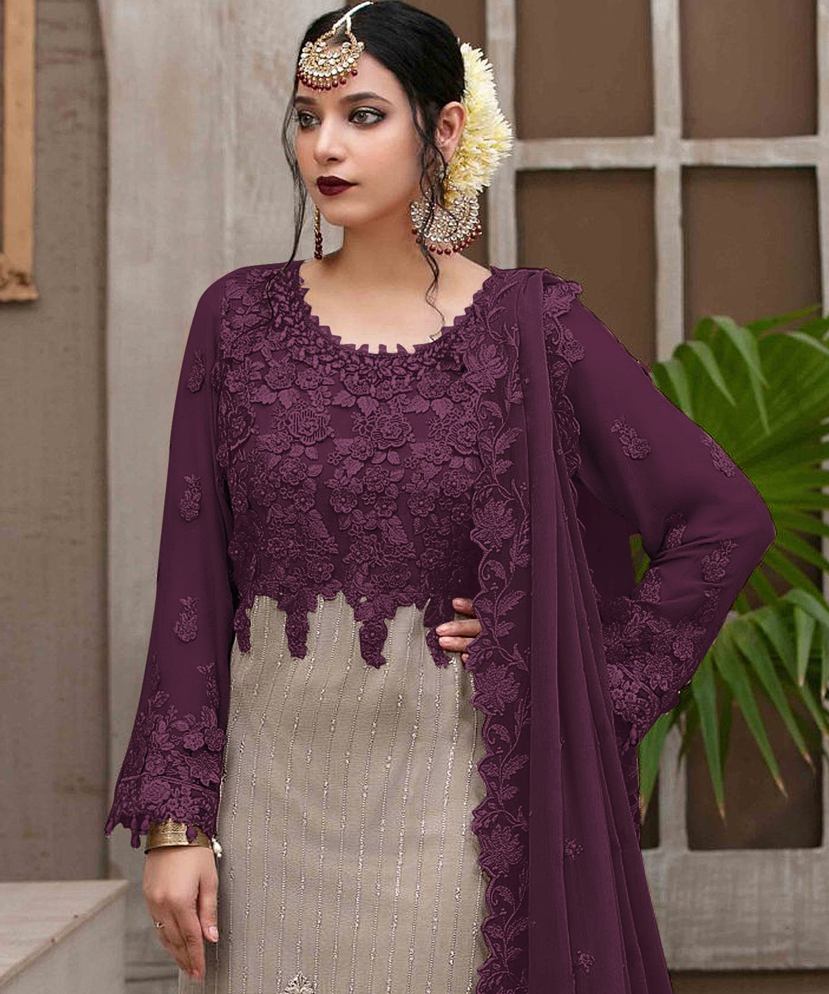Purple Heavy Fox Georgette with Heavy Embroidery Sequence Work Straight Suit - Joshindia