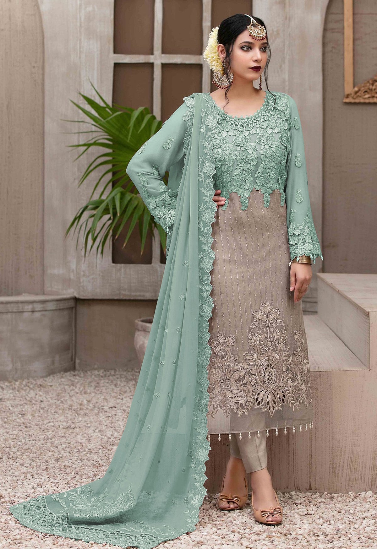 Sea Green Heavy Fox Georgette with Heavy Embroidery Sequence Work Straight Suit - Joshindia