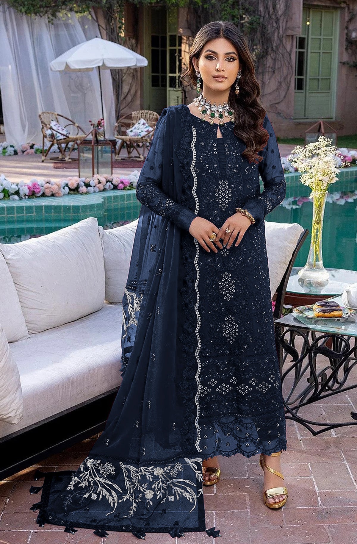 Sea Blue Embroidery Sequence Work Semi Stitched Salwar Suit - Joshindia