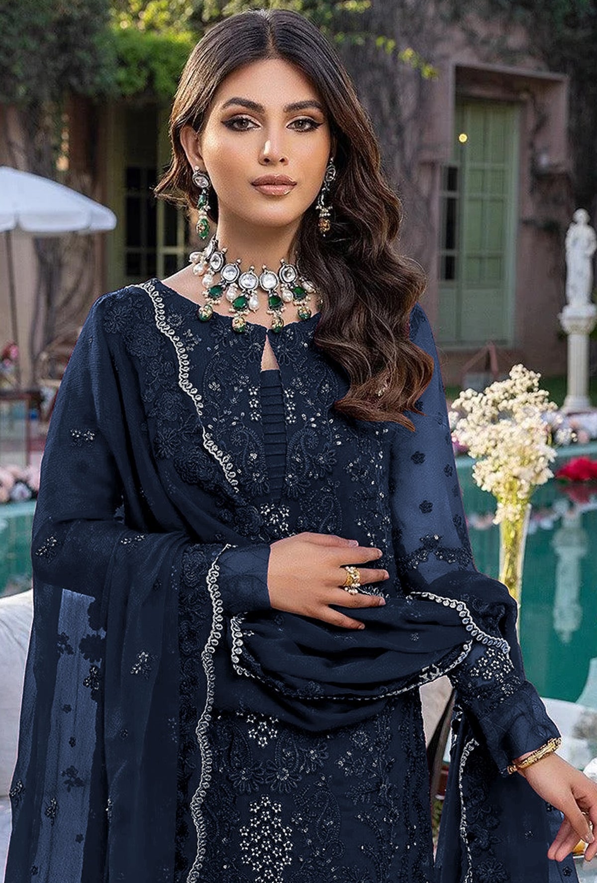 Nevy Blue Embroidery Sequence Work Semi Stitched Salwar Suit - Joshindia