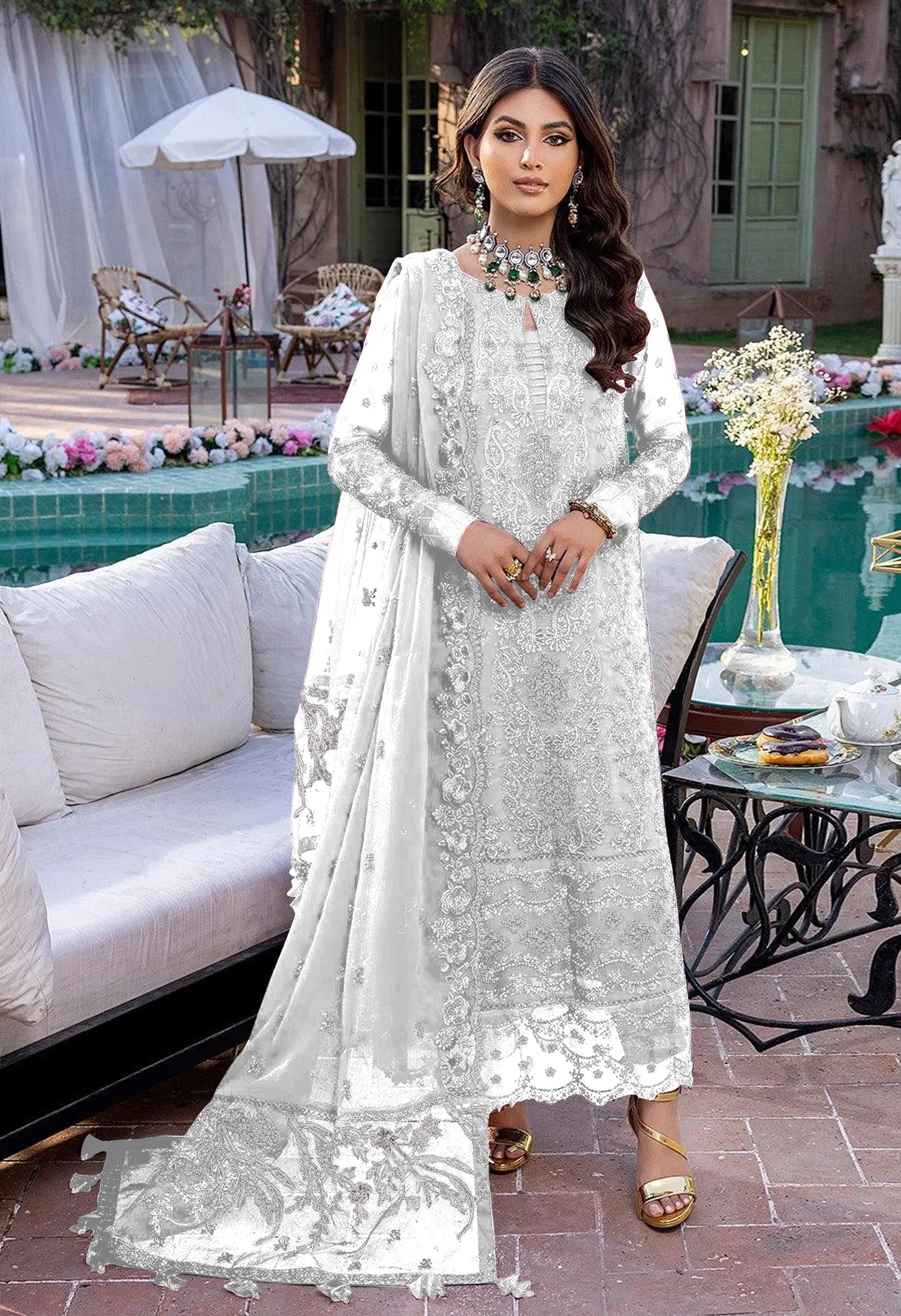 White Embroidery Sequence Work Semi Stitched Salwar Suit