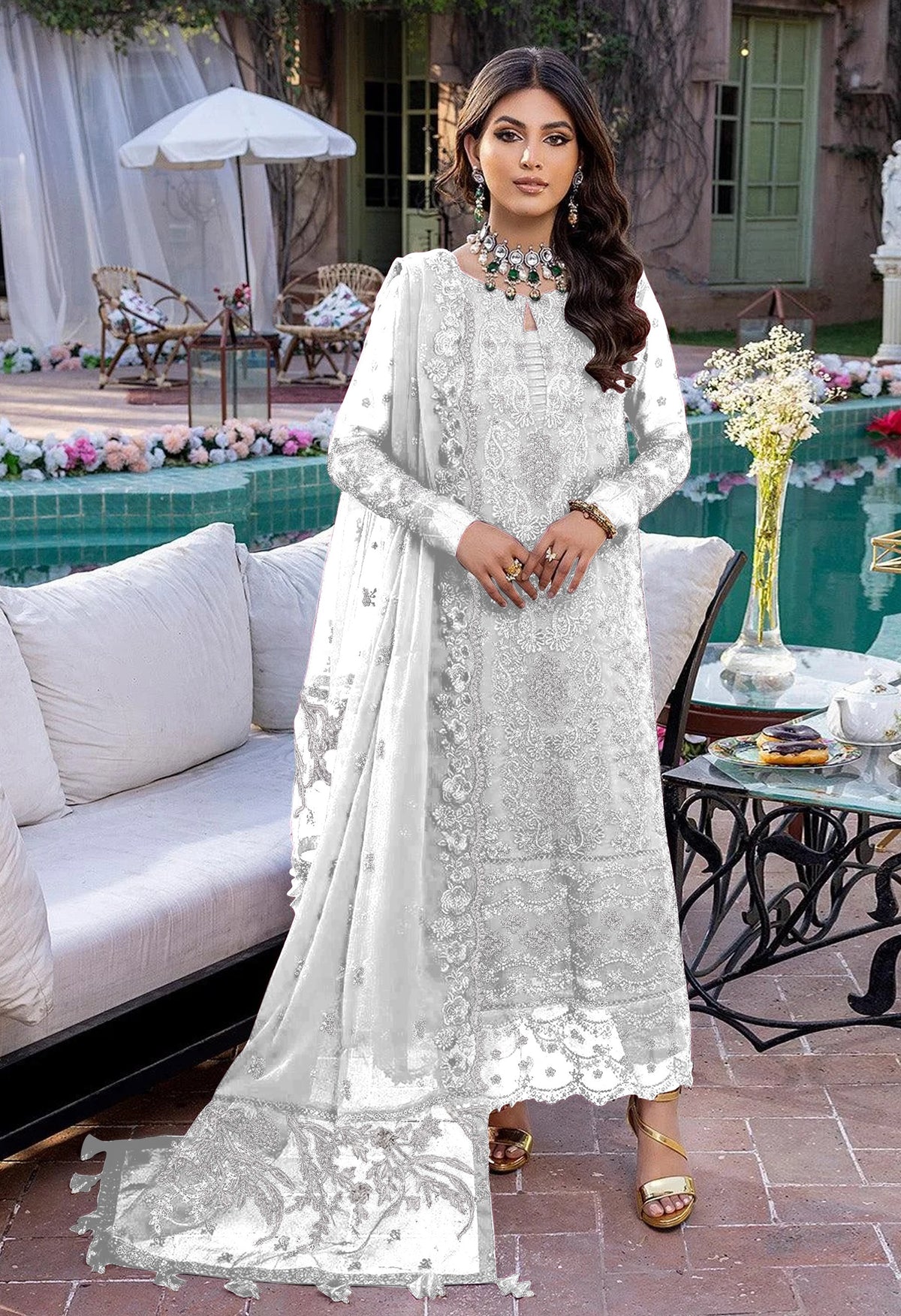 White Embroidery Sequence Work Semi Stitched Salwar Suit - Joshindia