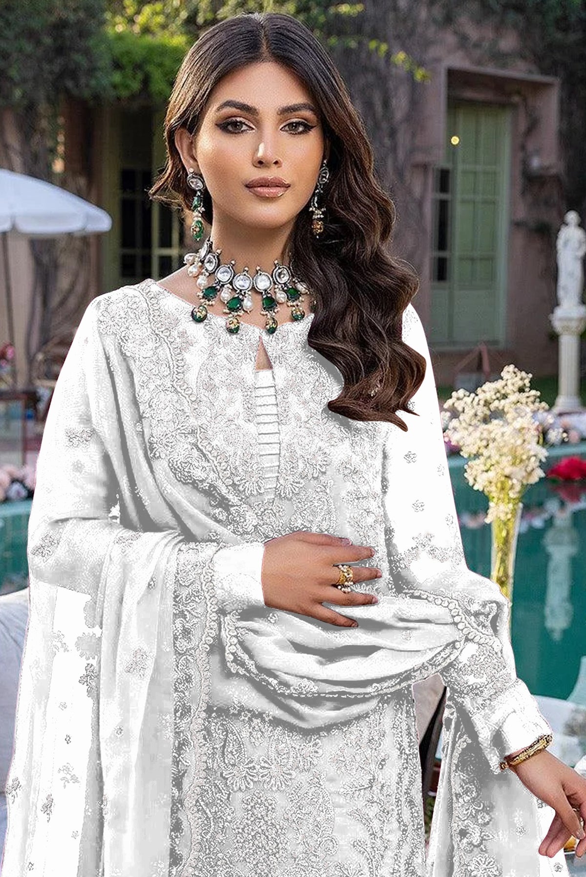 White Embroidery Sequence Work Semi Stitched Salwar Suit - Joshindia