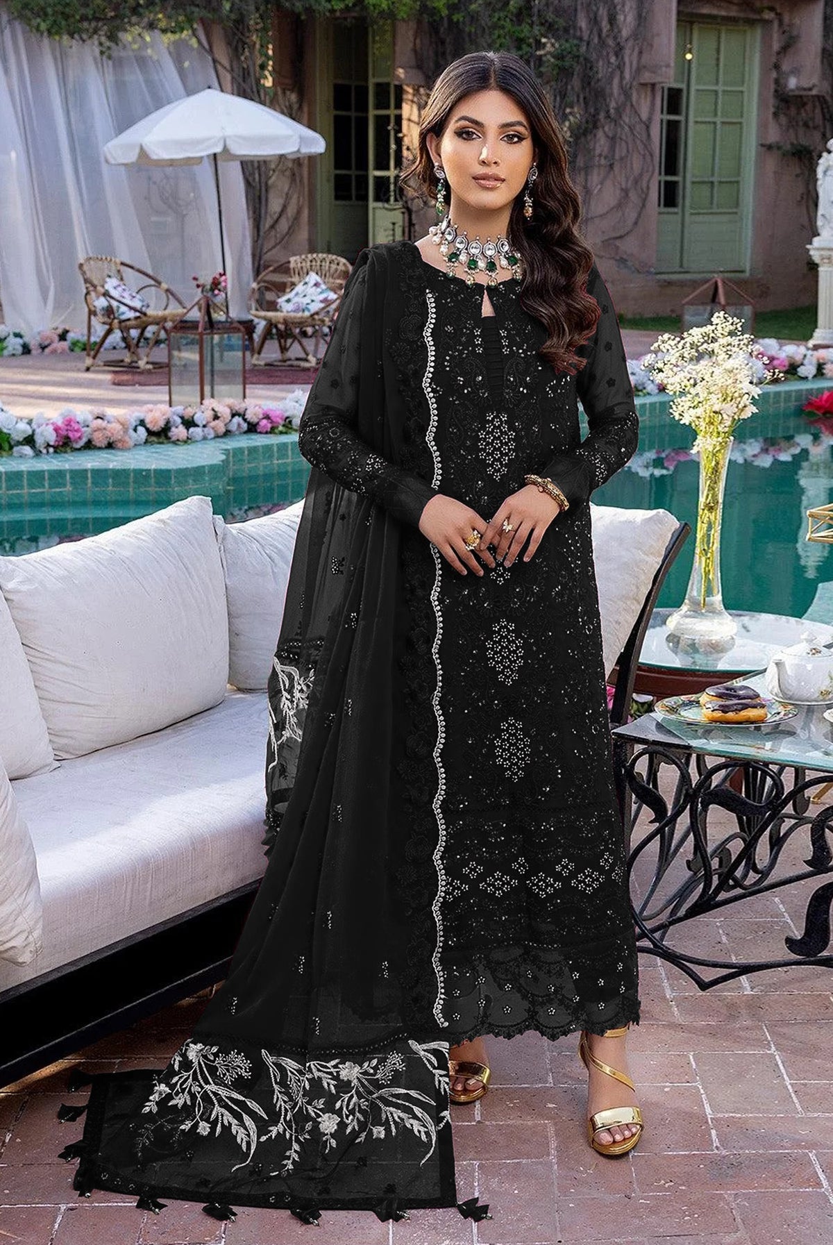 Black Embroidery Sequence Work Semi Stitched Salwar Suit - Joshindia