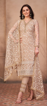 Beige Butterfly Net Straight Salwar Suit - Joshindia