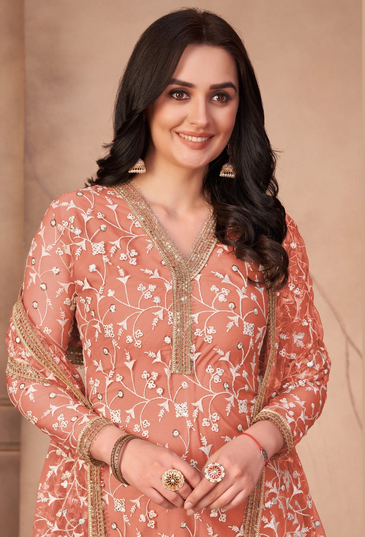 Orange Butterfly Net Straight Salwar Suit - Joshindia