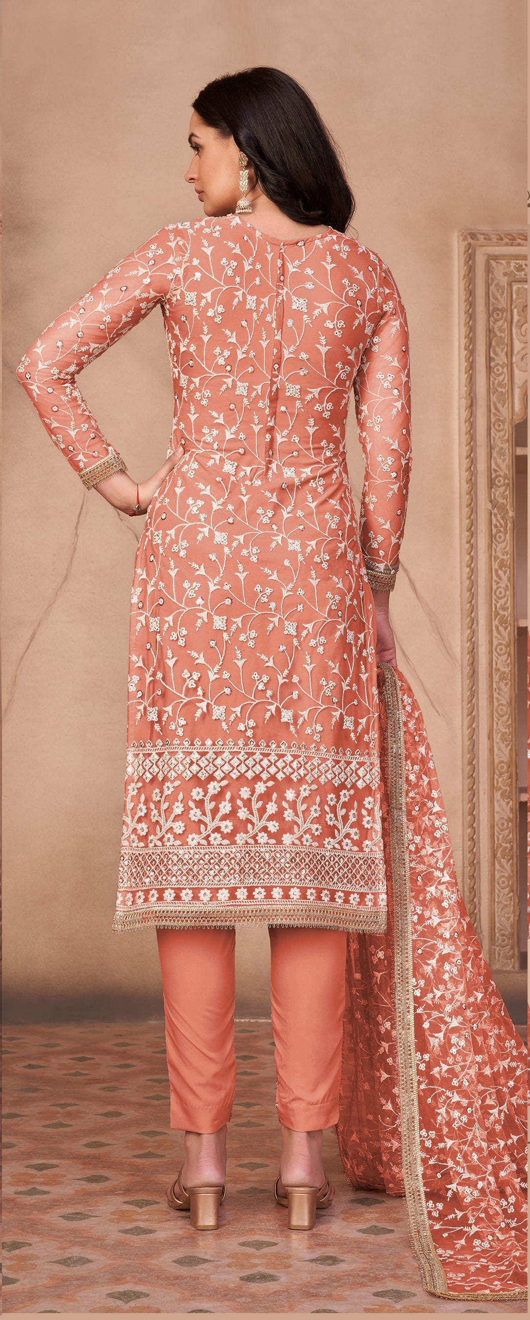 Orange Butterfly Net Straight Salwar Suit - Joshindia