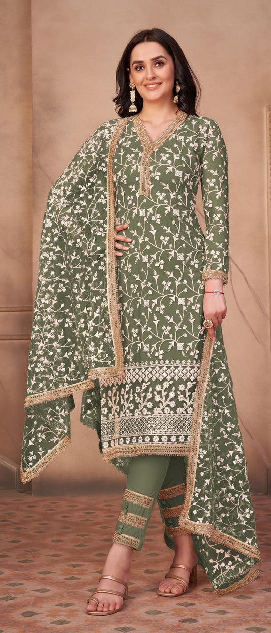 Green Butterfly Net Straight Salwar Suit
