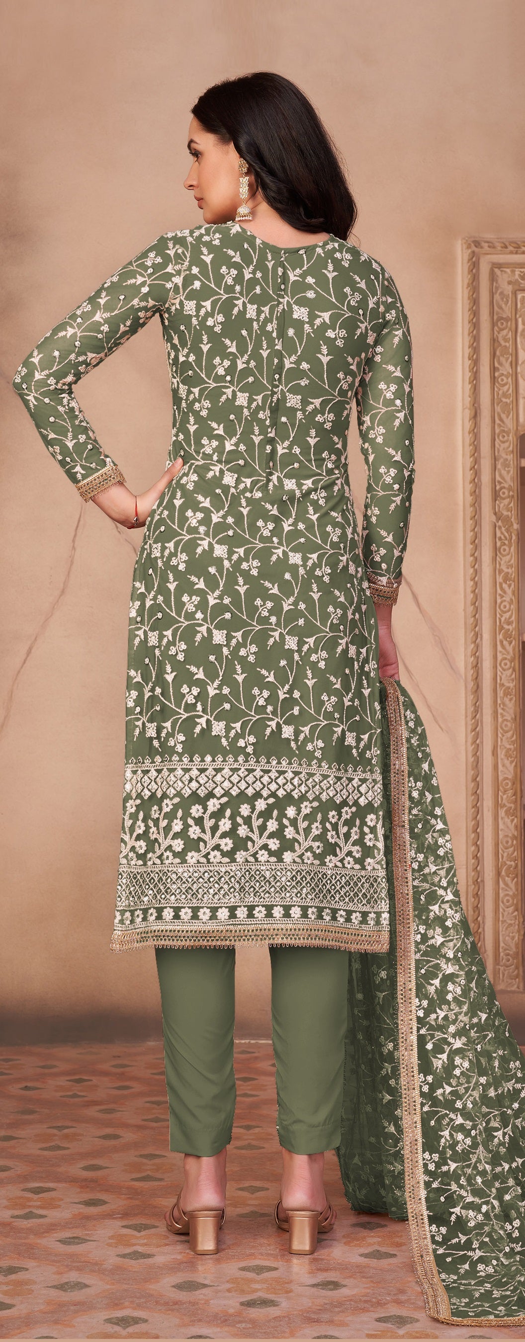 Green Butterfly Net Straight Salwar Suit - Joshindia