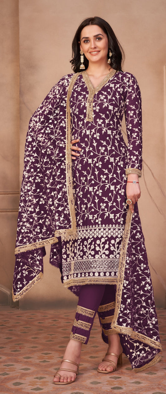 Purple Butterfly Net Straight Salwar Suit
