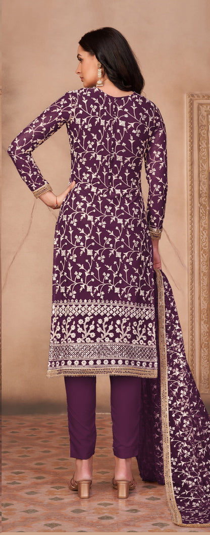 Purple Butterfly Net Straight Salwar Suit